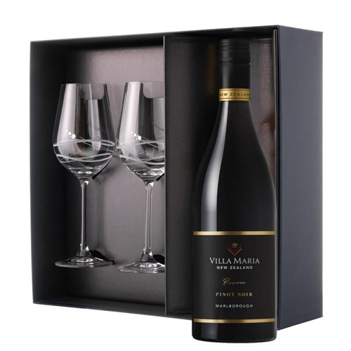 Villa Maria Pinot Noir Reserve, Marlborough, 75cl Red Wine And Diamante Venezia Glasses Gift Box Set